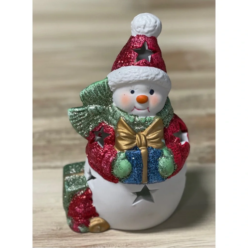 Christmas Decoration Set of 2 Snowmen Candle Holders Glass